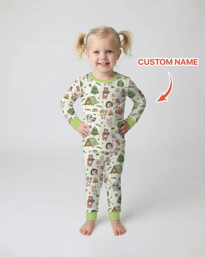 Little Camp Buddies Custom Name Bamboo Two Piece Long Sleeve Pajama Set