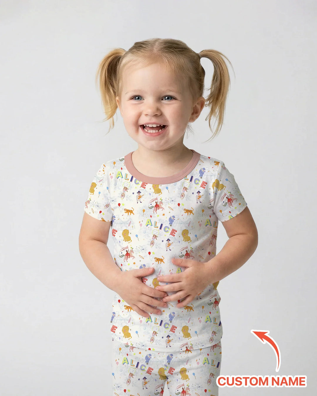 Custom Name Circus Toile Bamboo Two Piece Short Sleeve Pajama Set
