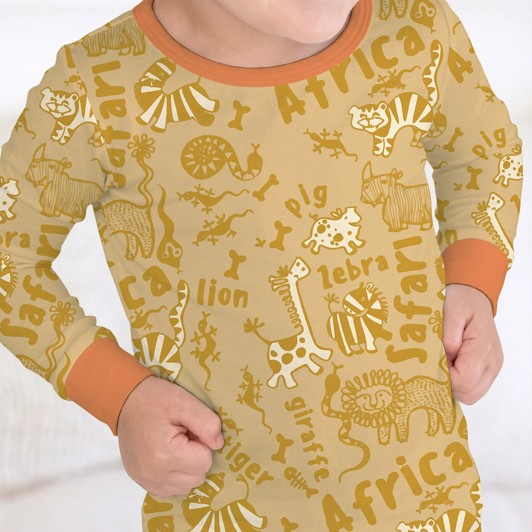 Handdrawn African Animals Bamboo Two Piece Long Sleeve Pajama Set