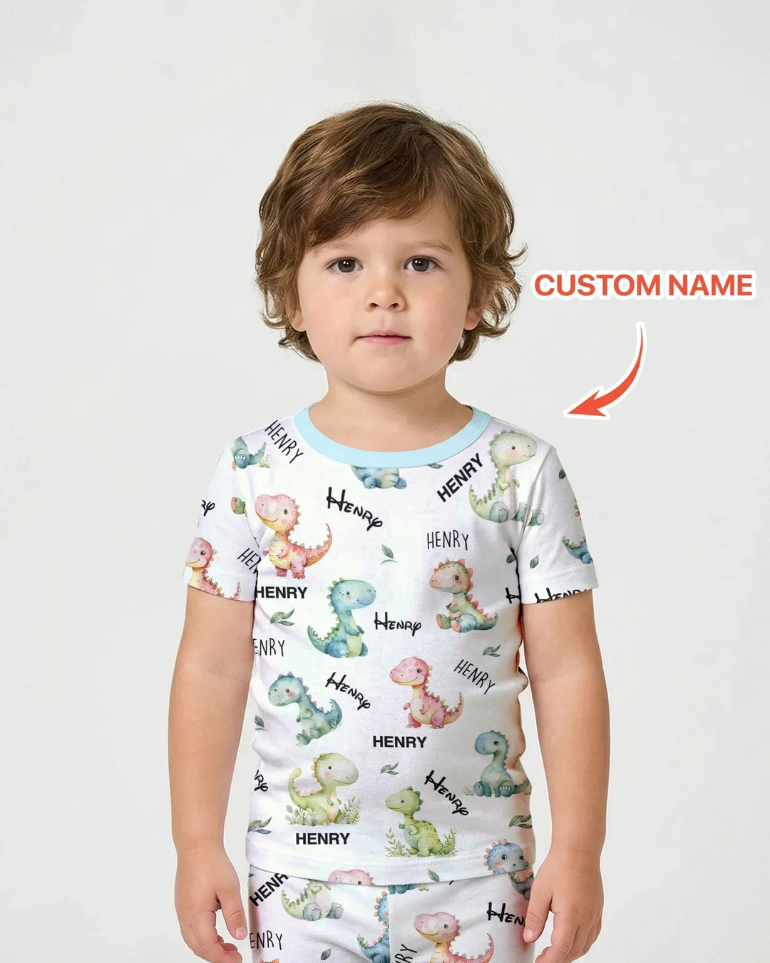Dinosaur Custom Name Bamboo Two Piece Short Sleeve Shorts Pajama Set