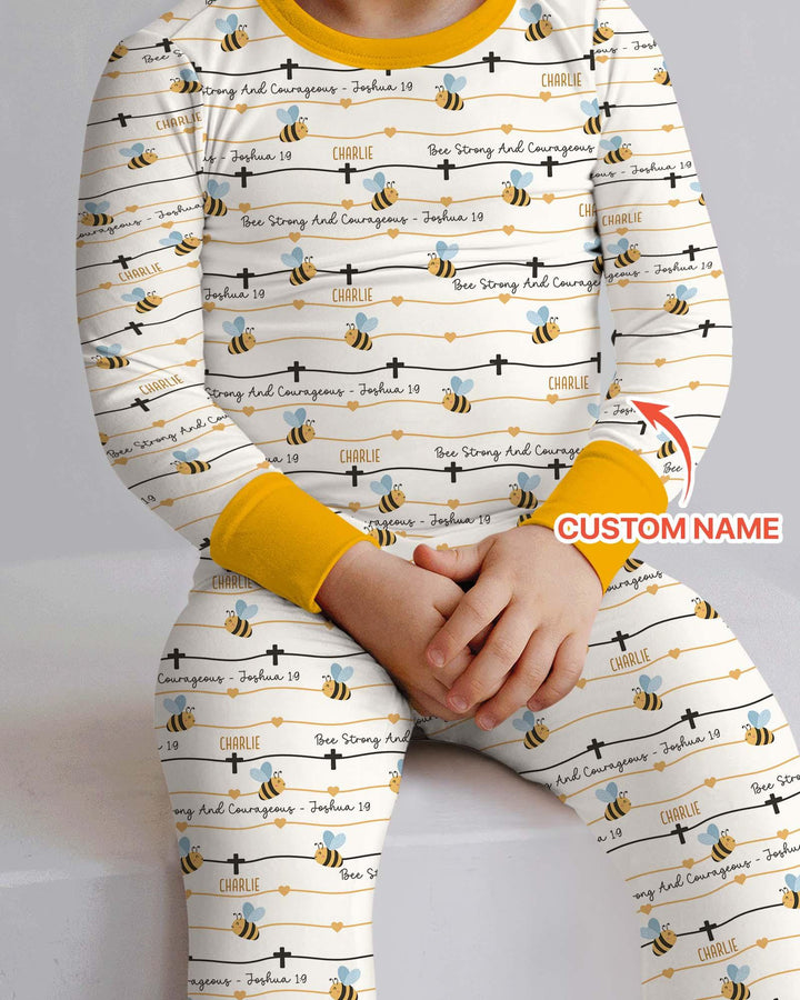 Bee Strong And Courageous Custom Name Bamboo Two Piece Long Sleeve Pajama Set