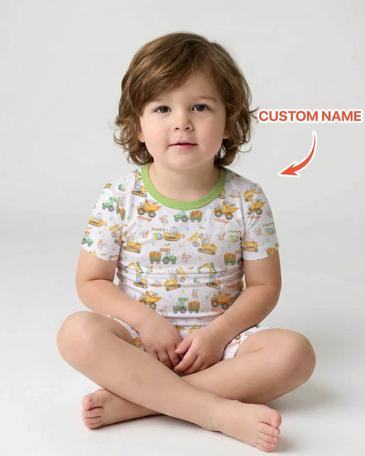 Easter Construction Vehicles Custom Name Bamboo Two Piece Short Sleeve Shorts Pajama Set