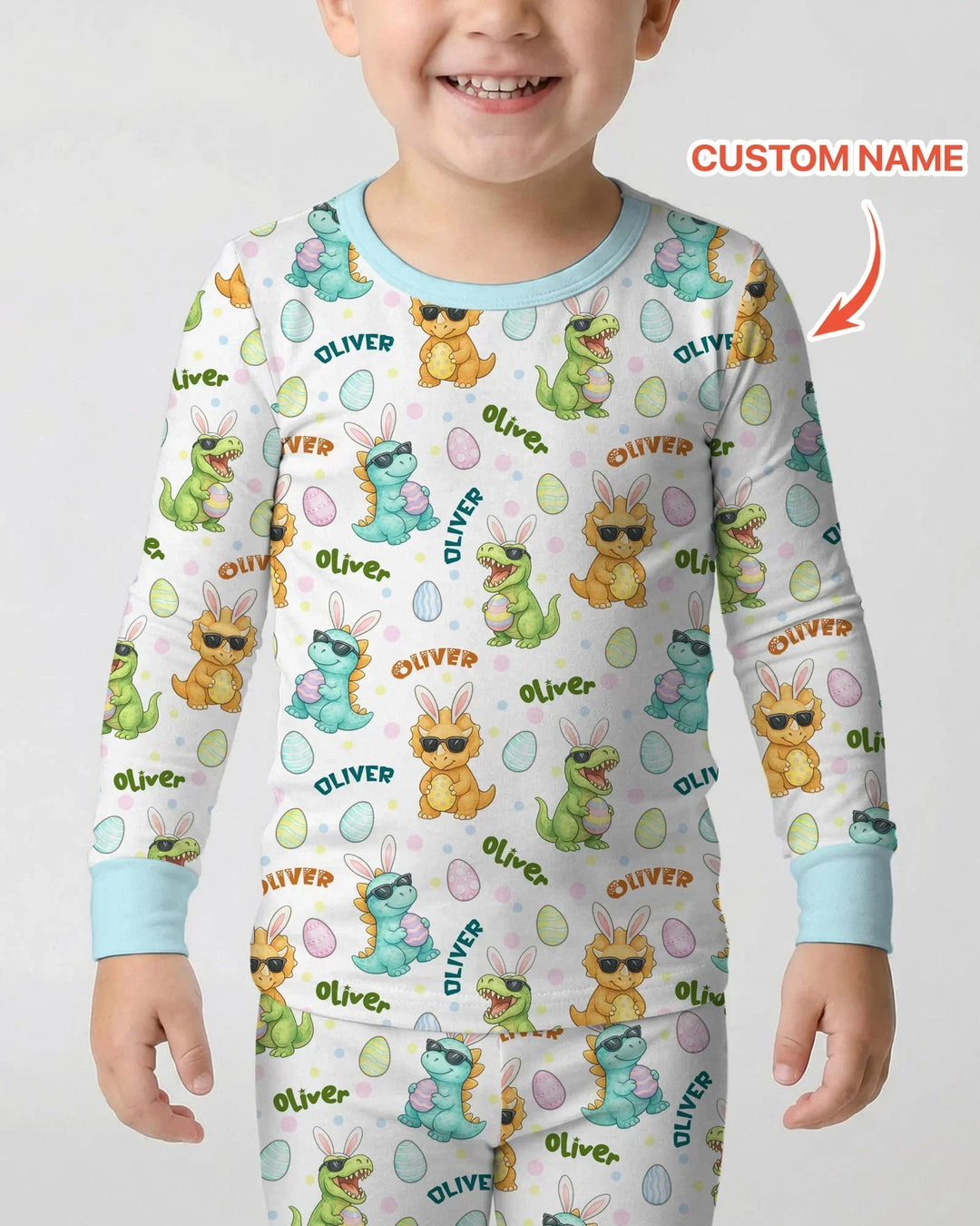 Custom Name Dinosaur on the Hunt Bamboo Two Piece Long Sleeve Pajama Set