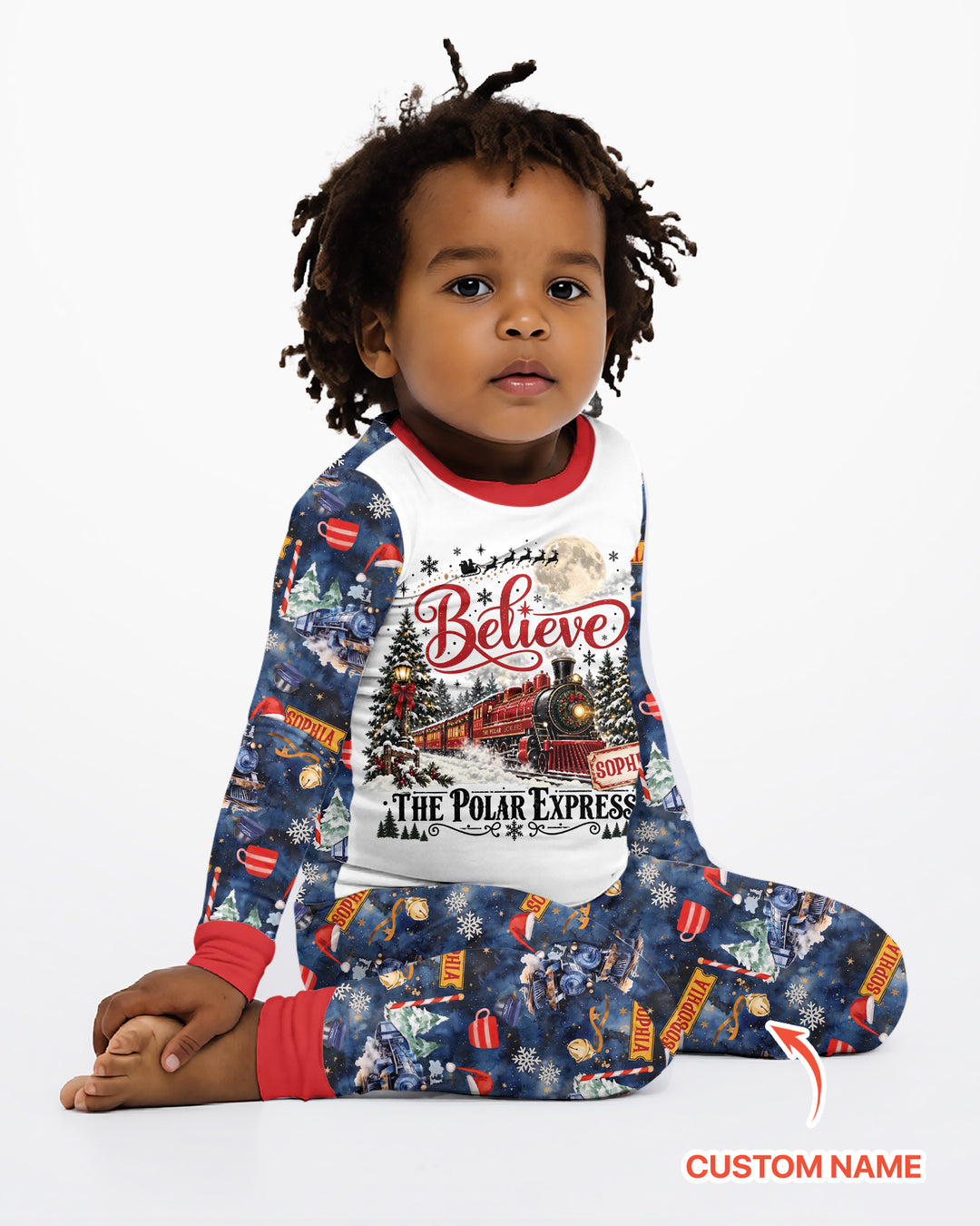 Believe North Pole Train Custom Name  Bamboo Two Piece Long Sleeve Pajama Set