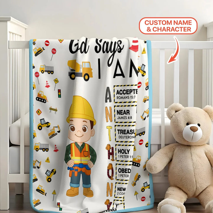 Custom Name God Says I Am Little Builder Letter in Bible Bamboo Blanket