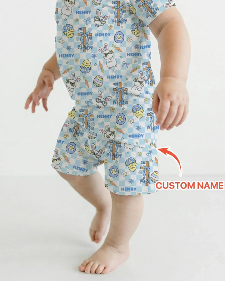 Custom Name Retro Easter Bamboo Two Piece Short Sleeve Shorts Pajama Set