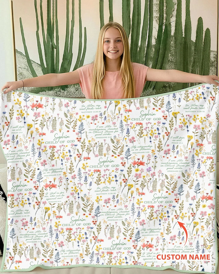 Custom Name Child of God Flower Garden Bamboo Blanket