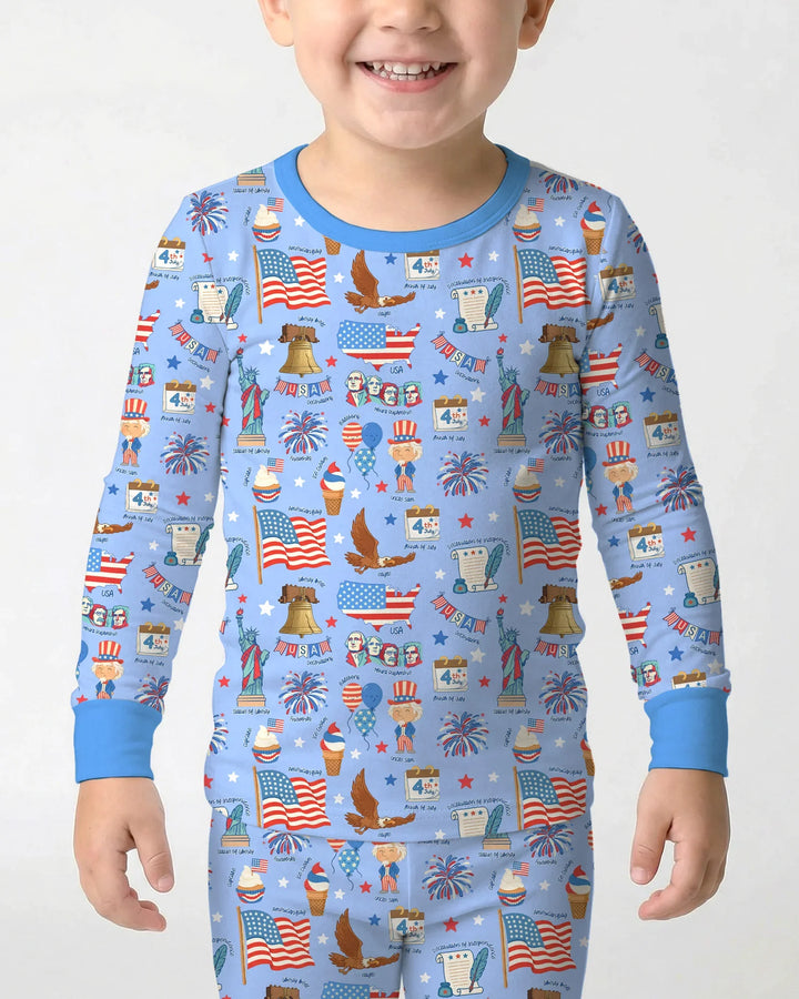 Hand Drawn Patriotic Iconic Bamboo Two Piece Long Sleeve Pajama Set