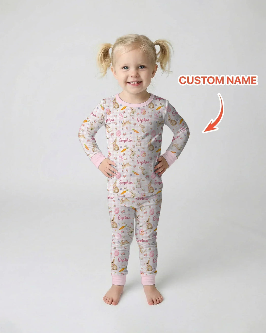 Custom Name Bunny Garden Bamboo Two Piece Long Sleeve Pajama Set