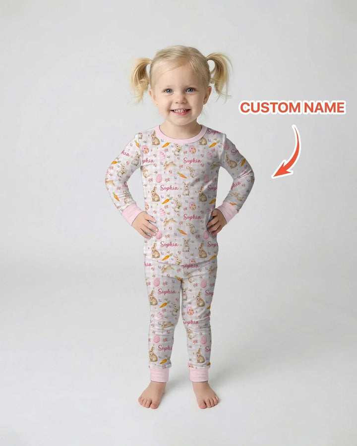 Custom Name Bunny Garden Bamboo Two Piece Long Sleeve Pajama Set