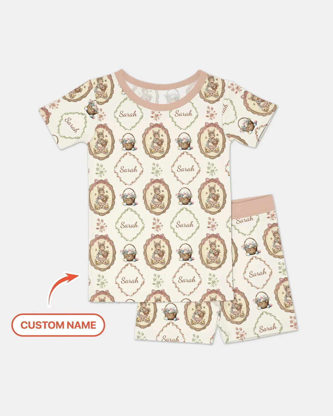 Vintage Bunny Easter Custom Name Mommy & Me Matching Bamboo Two Piece Short Sleeve Pajama Set