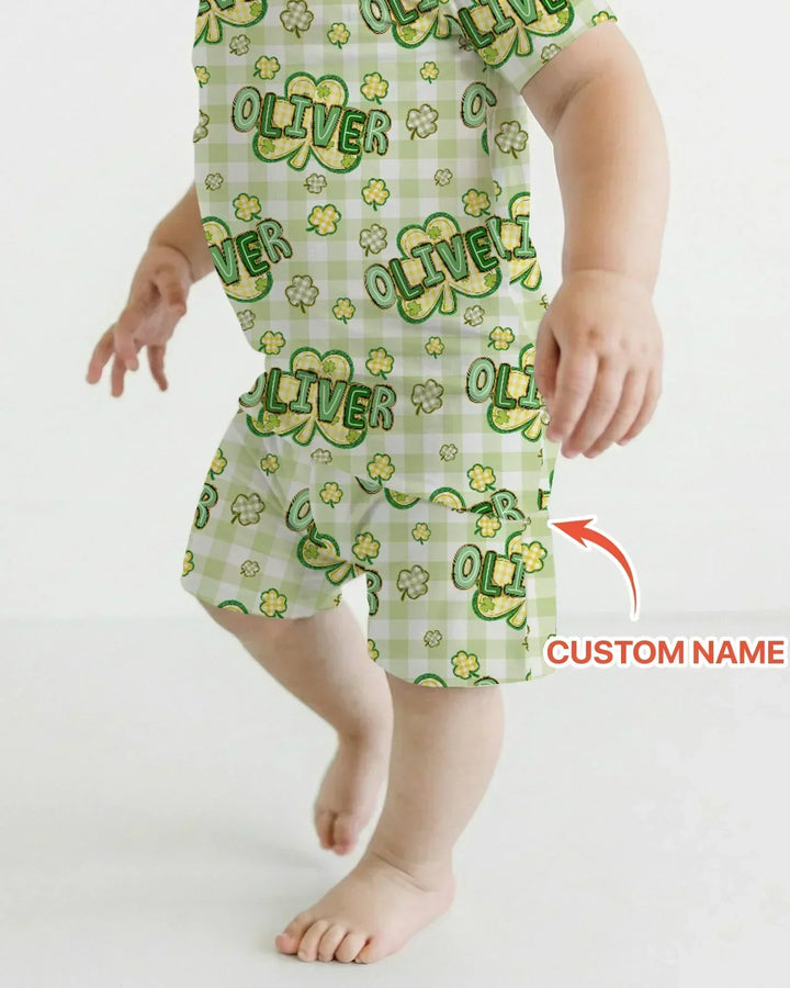 Lucky Shamrock Custom Name Bamboo Two Piece Short Sleeve Shorts Pajama Set