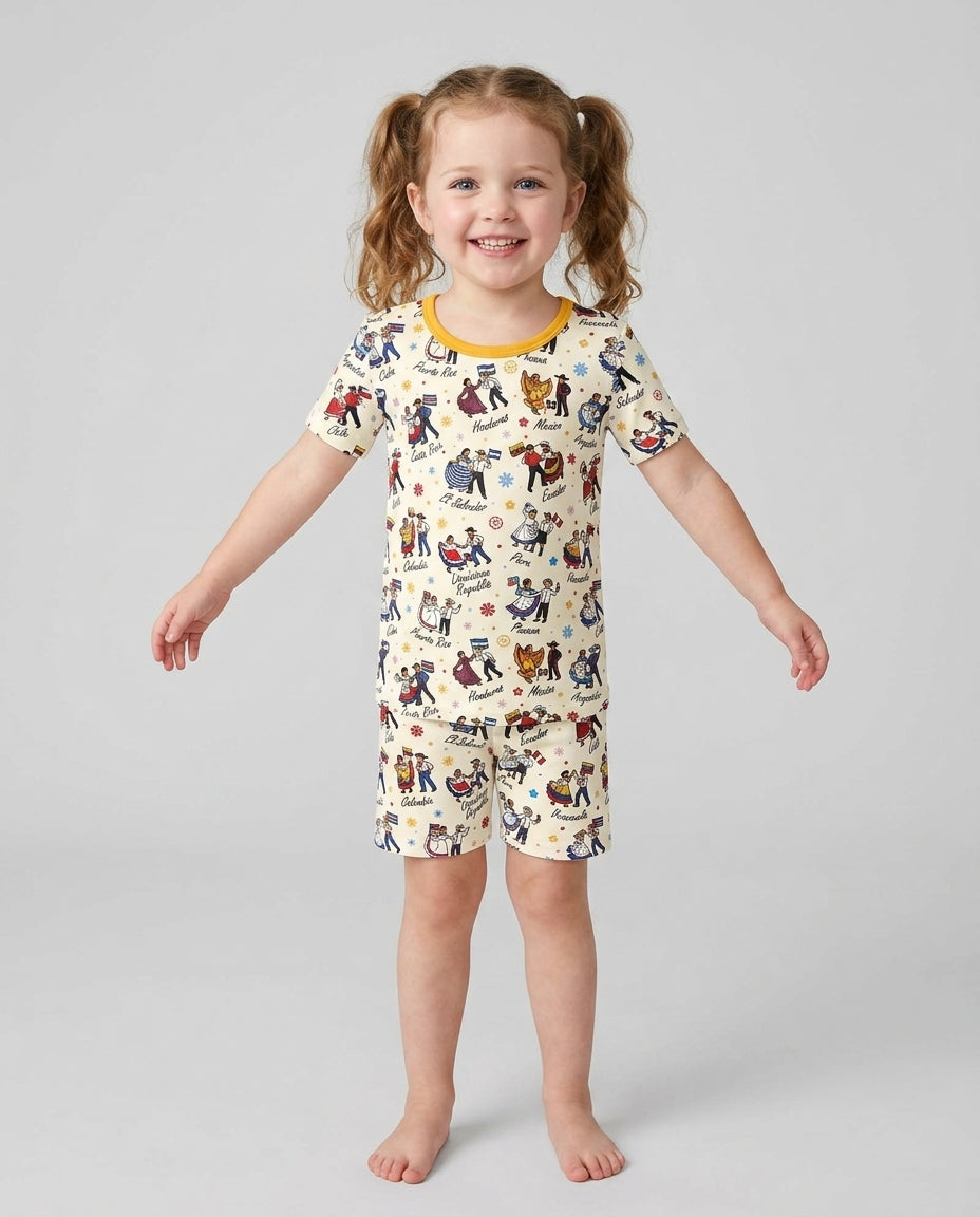 Hispanic Traditional Folkloric Dress Bamboo Two Piece Short Sleeve Shorts Pajama Set