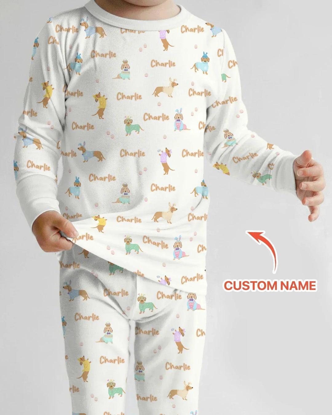 Custom Name Easter Dachshund Bamboo Two Piece Long Sleeve Pajama Set