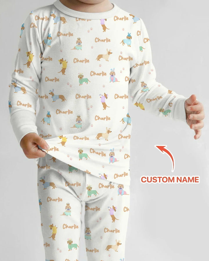 Custom Name Easter Dachshund Bamboo Two Piece Long Sleeve Pajama Set