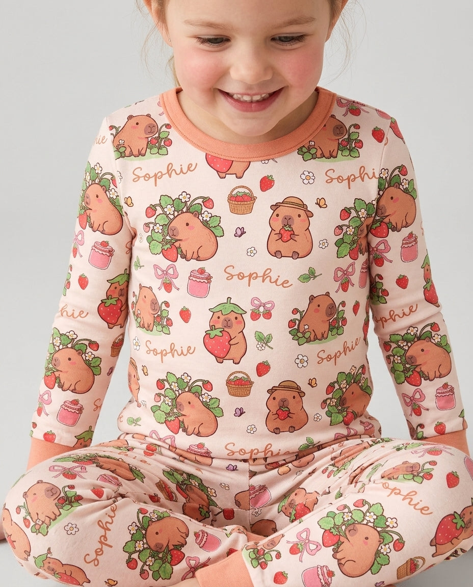 Custom Name Capybara Strawberry Bamboo Two Piece Long Sleeve Pajama Set