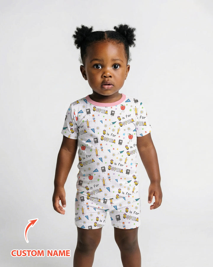 Personalized Back To School Bamboo Two Piece Short Sleeve Shorts Pajama Set