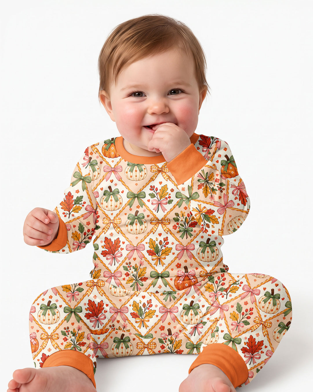 Retro Fall Pumpkin Bow Bamboo Two Piece Long Sleeve Pajama Set