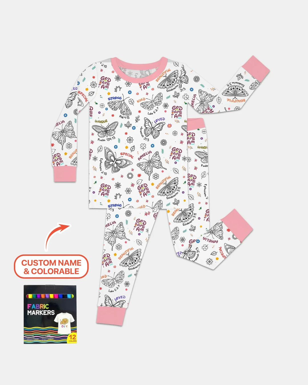 Colorable Custom Name God Says I Am Butterfly Bamboo Two Piece Long Sleeve Pajama Set