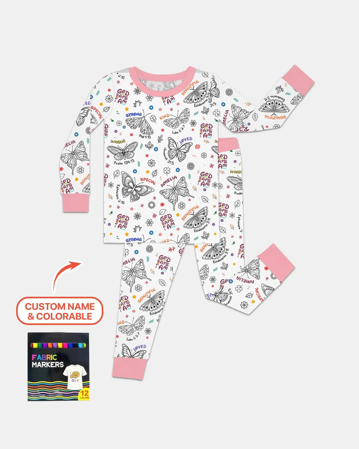 Colorable Custom Name God Says I Am Butterfly Bamboo Two Piece Long Sleeve Pajama Set