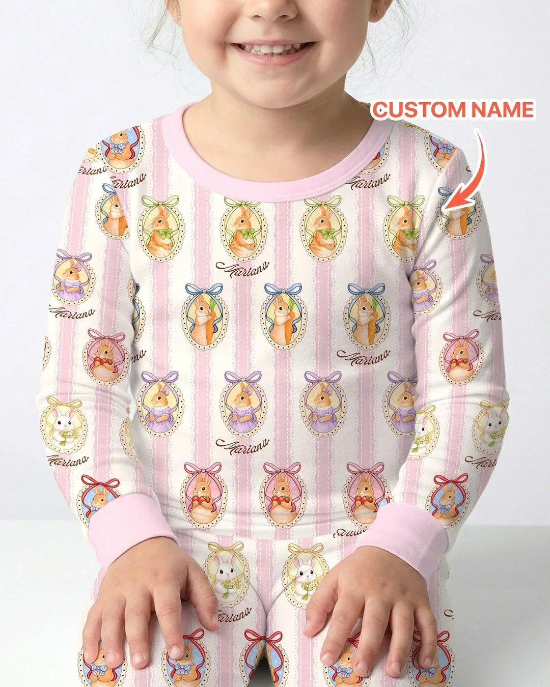 Custom Name Vintage Easter Bunny Bamboo Two Piece Long Sleeve Pajama Set