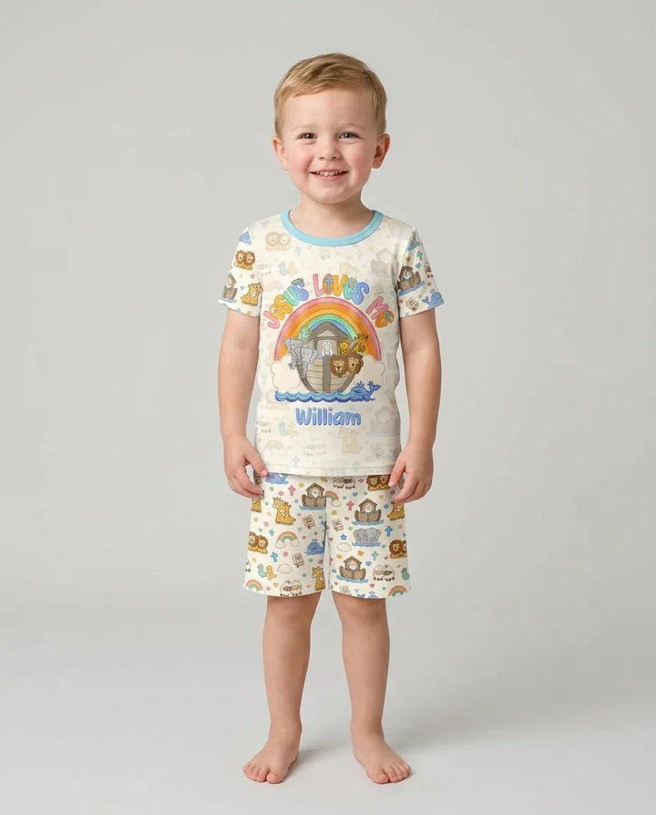 Custom Name Noah's Ark Jesus Loves Me Bamboo Two Piece Short Sleeve Shorts Pajama Set
