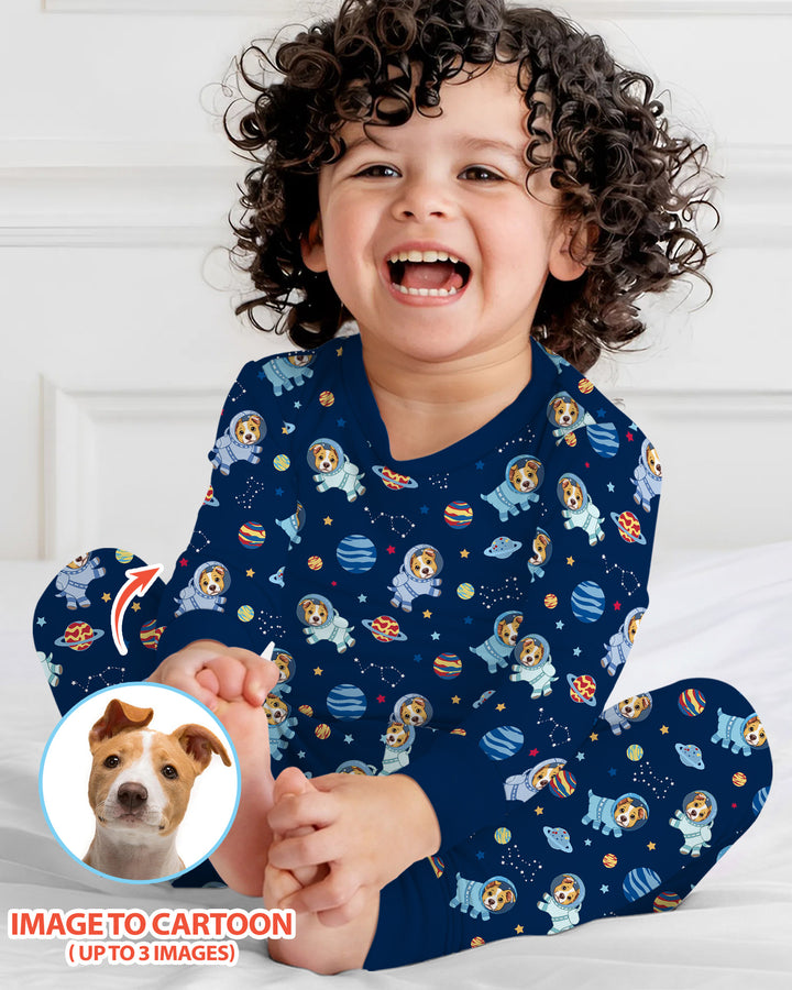 Astronaut Custom Pet Image Family Matching Bamboo Two Piece Long Sleeve Pajama Set
