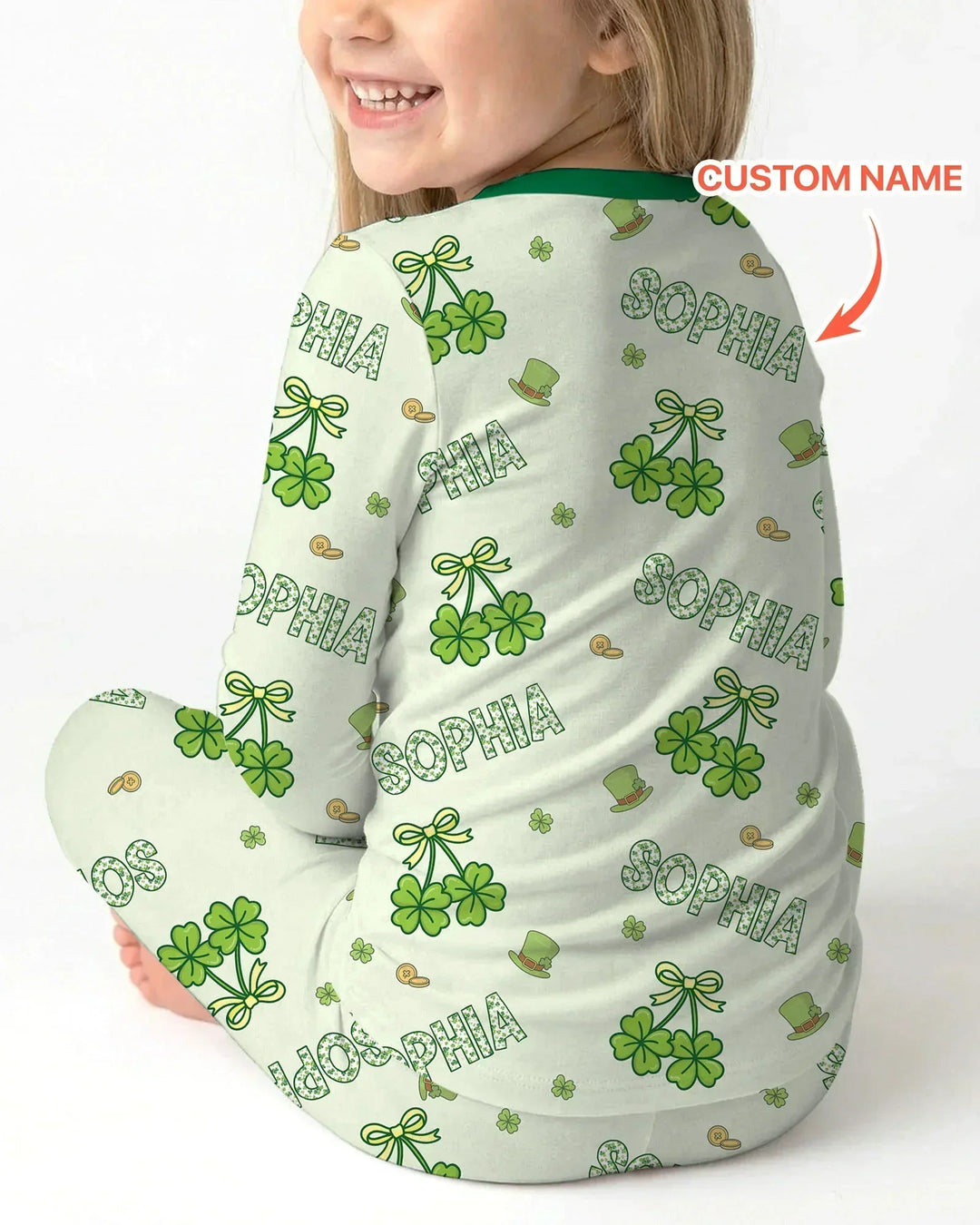 Custom Name Lucky Little Shamrock Bamboo Two Piece Long Sleeve Pajama Set