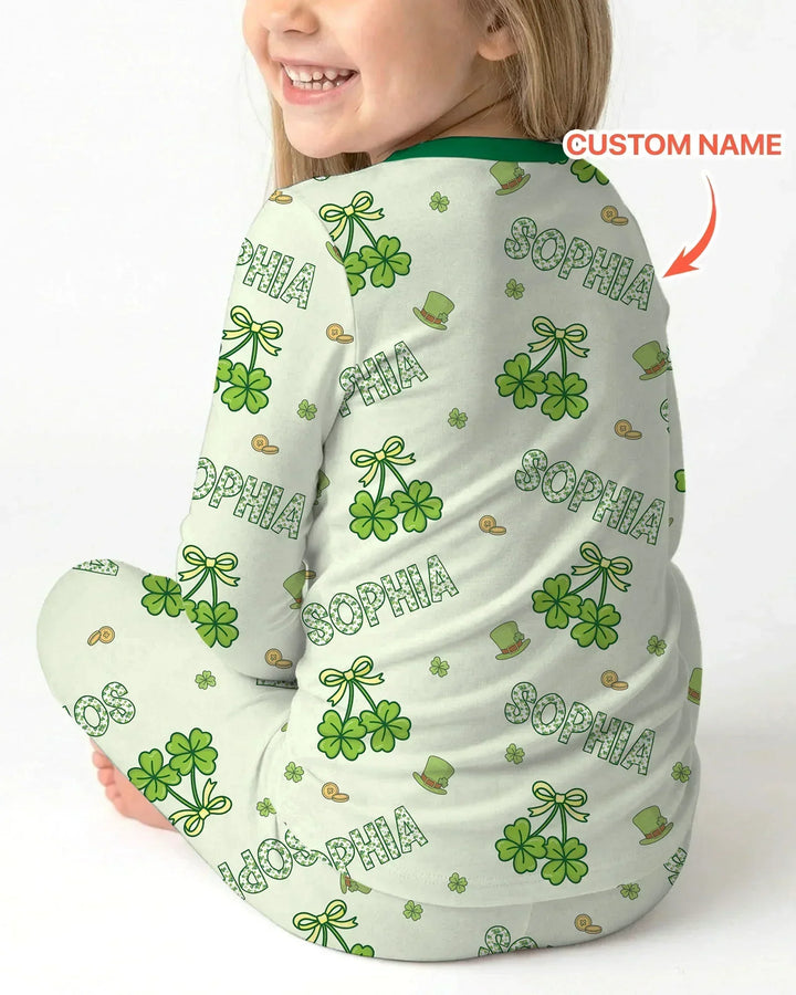 Custom Name Lucky Little Shamrock Bamboo Two Piece Long Sleeve Pajama Set