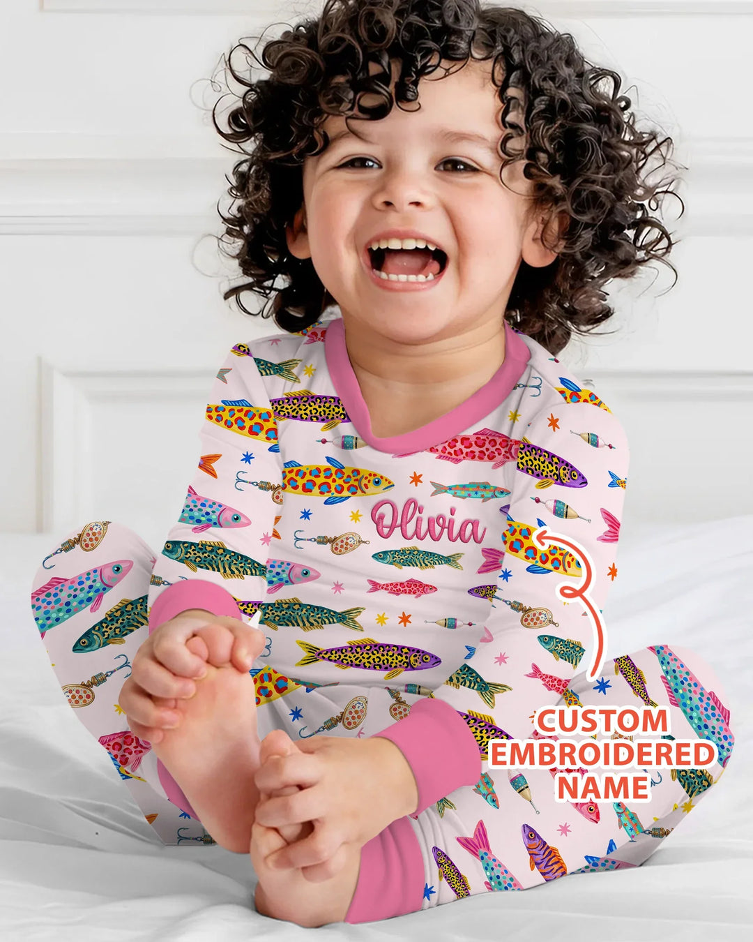 Custom Name Embroidered Colorful Fish Bamboo Two Piece Long Sleeve Pajama Set