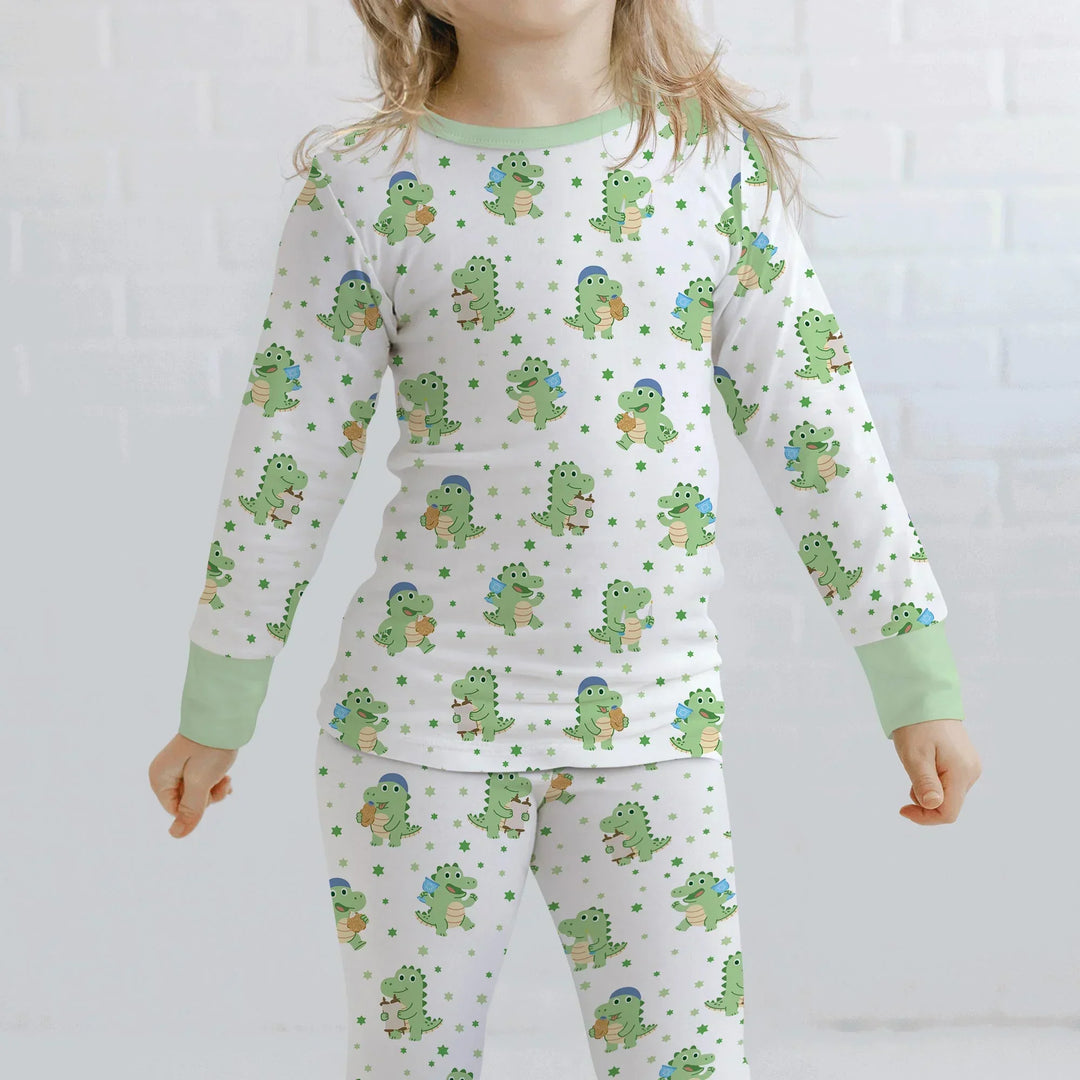 Shabbat Dinosaur Bamboo Two Piece Long Sleeve Pajama Set