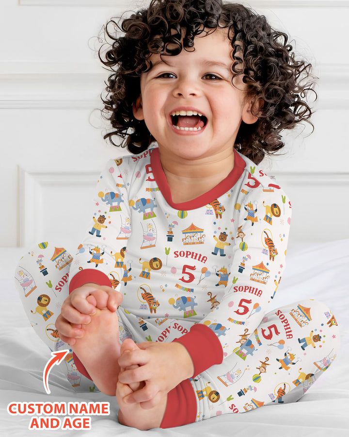 Custom Name Birthday Circus Bamboo Two Piece Long Sleeve Pajama Set