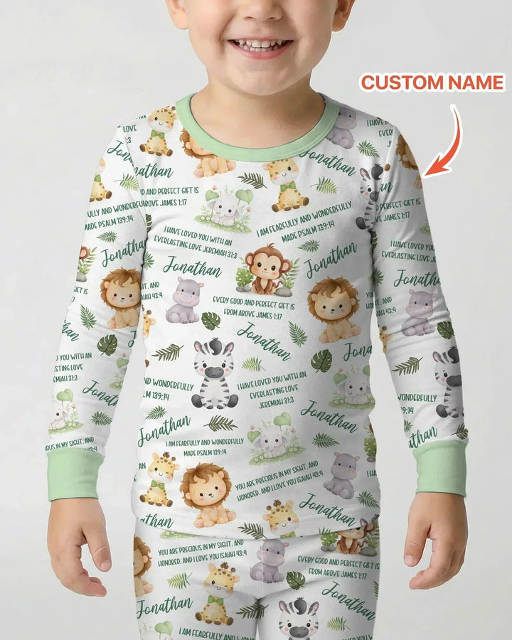 Custom Name Bible Verse Safari Animal Bamboo Two Piece Long Sleeve Pajama Set