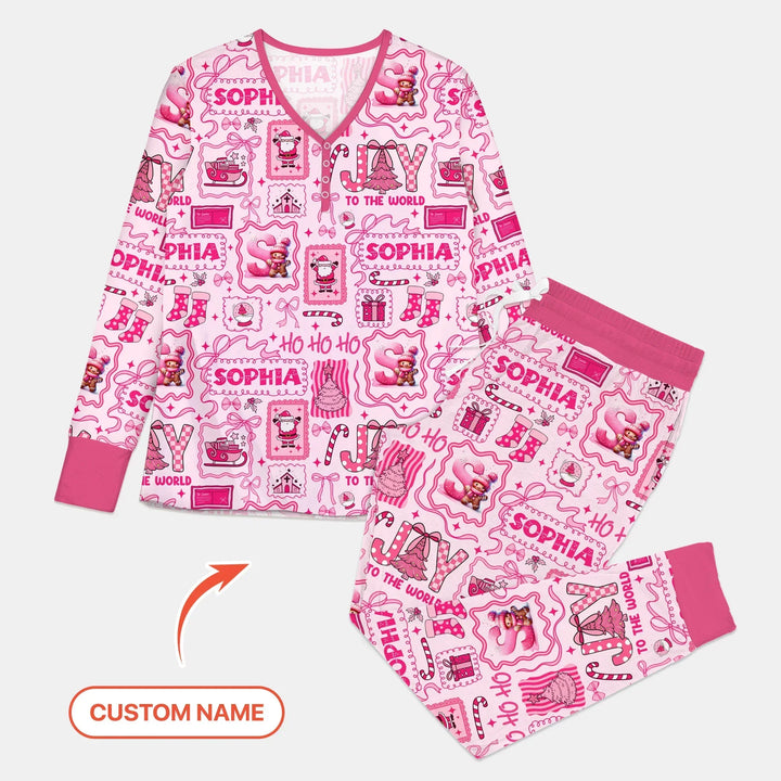 Custom Name Preppy Pink Christmas Women Pajama Set , Custom Name Preppy Pink Christmas Women Pajama Set - Combo Shirt & Pants / S
