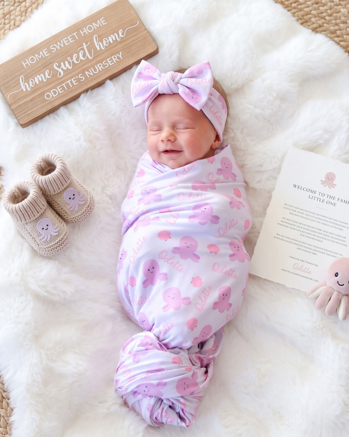 Happy Pink Octopus Bamboo Swaddle Blanket