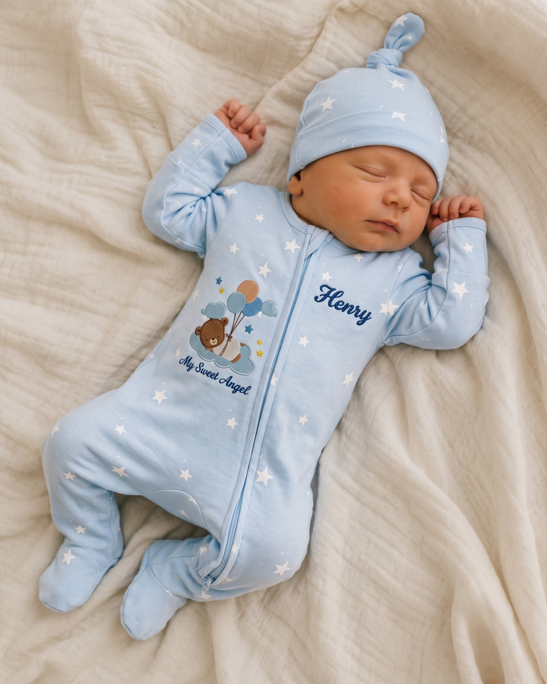 Sweet Angel Balloon Bear Embroidered Bamboo Zipper Footie