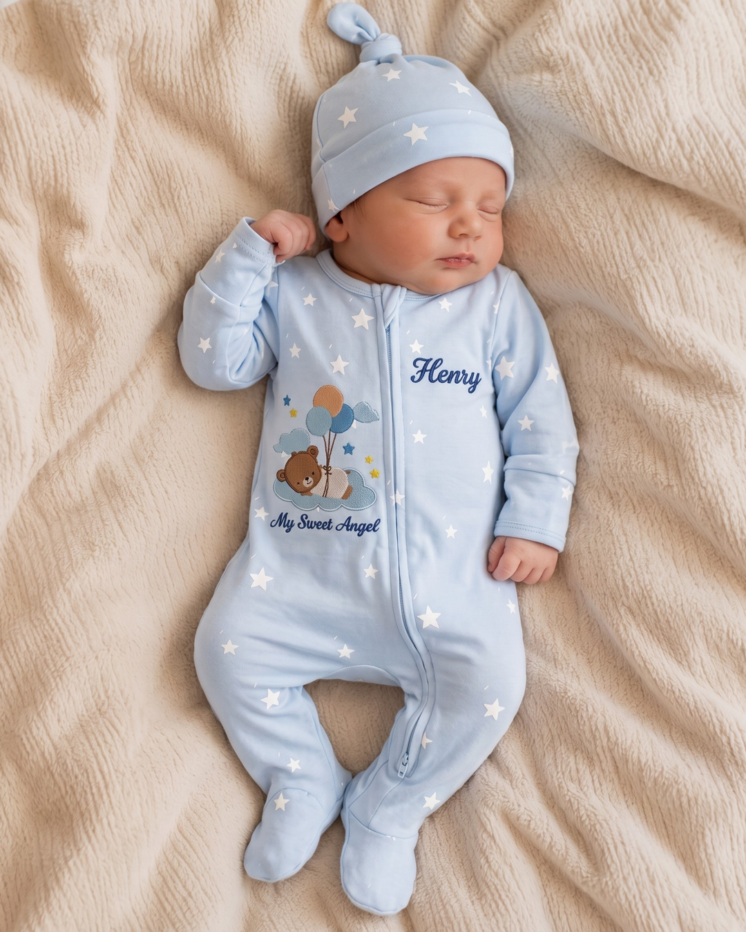 Sweet Angel Balloon Bear Embroidered Bamboo Zipper Footie