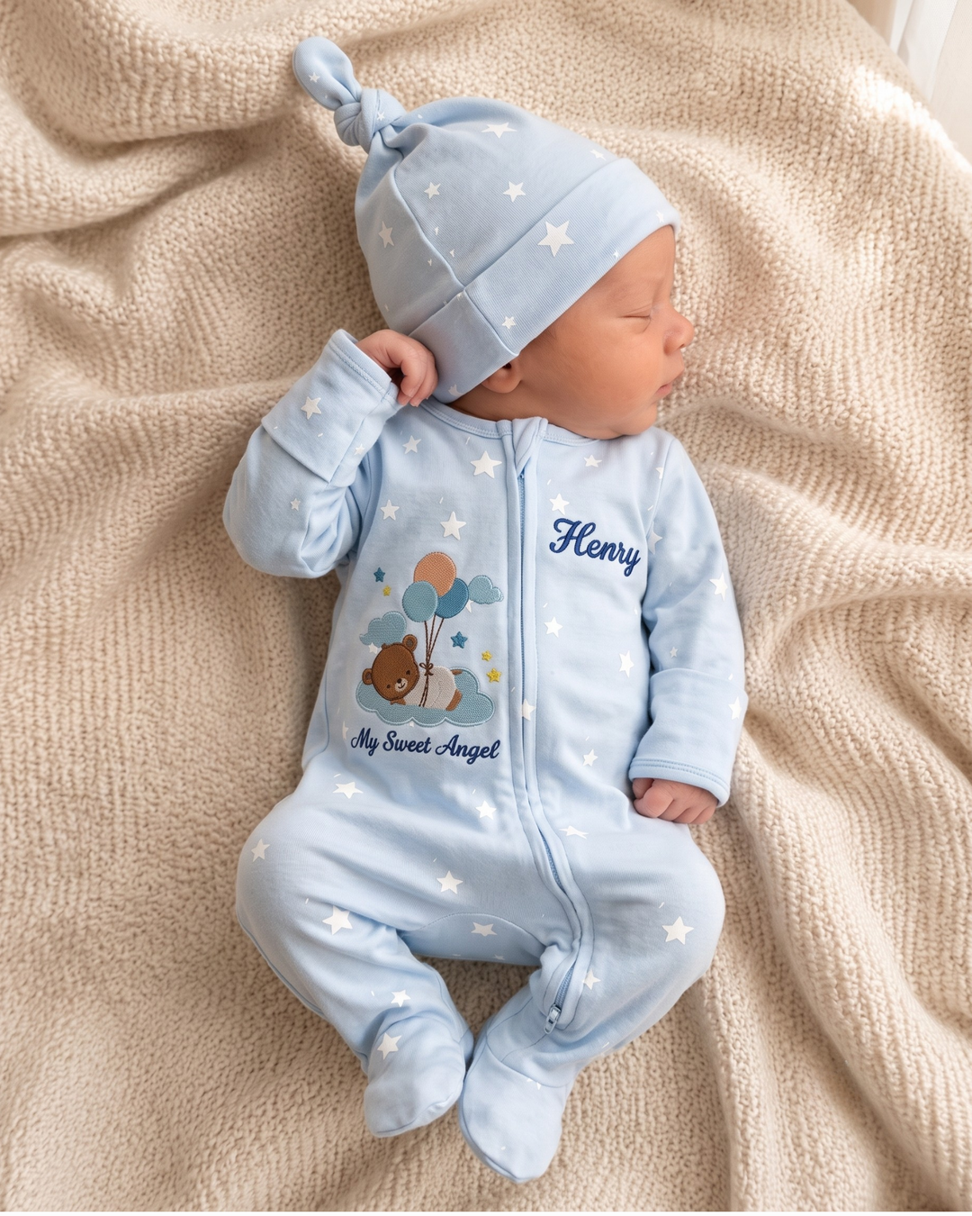 Sweet Angel Balloon Bear Embroidered Bamboo Zipper Footie
