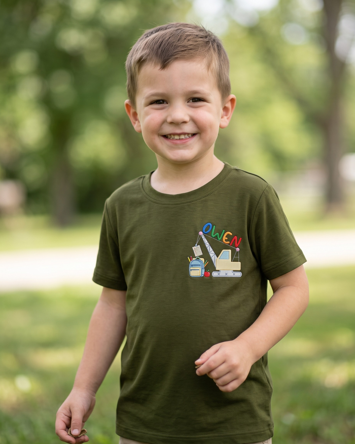 Custom Name Little Builder Back to School Embroidered Bamboo Crewneck T-Shirt
