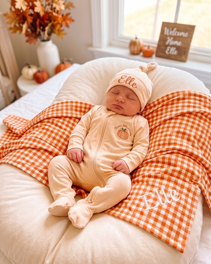 Personalized Pumpkin Gingham Appliqué Embroidered Bamboo Zipper Footie