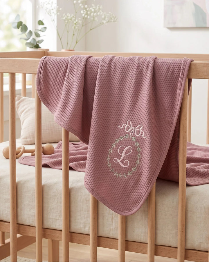 Custom Name Bow Wreath Embroidered Ribbed Bamboo Blanket