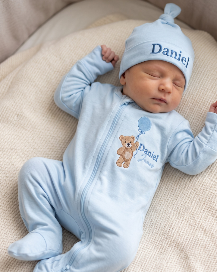 Custom Name Teddy Balloon Embroidered Bamboo Zipper Footie