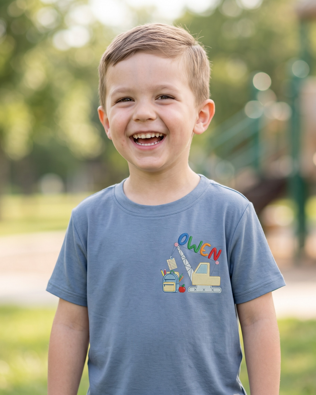 Custom Name Little Builder Back to School Embroidered Bamboo Crewneck T-Shirt
