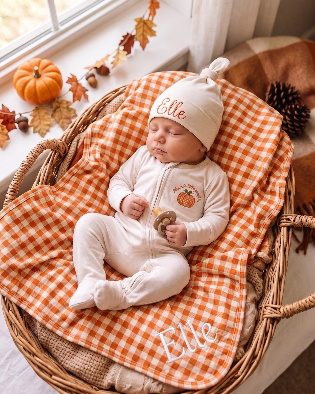Personalized Pumpkin Gingham Appliqué Embroidered Bamboo Zipper Footie
