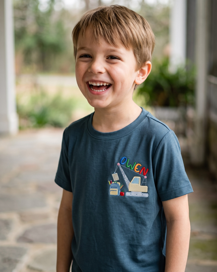 Custom Name Little Builder Back to School Embroidered Bamboo Crewneck T-Shirt