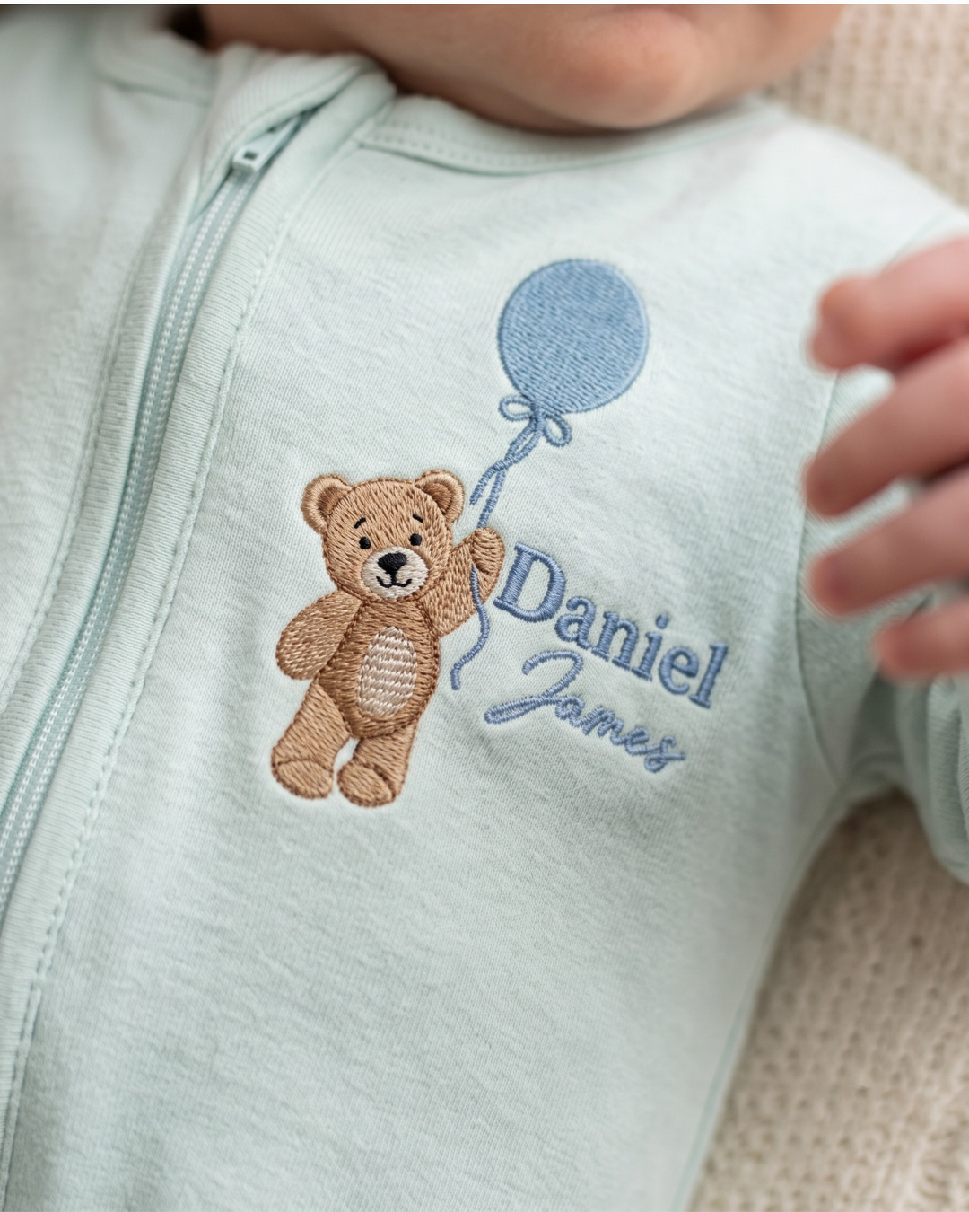 Custom Name Teddy Balloon Embroidered Bamboo Zipper Footie