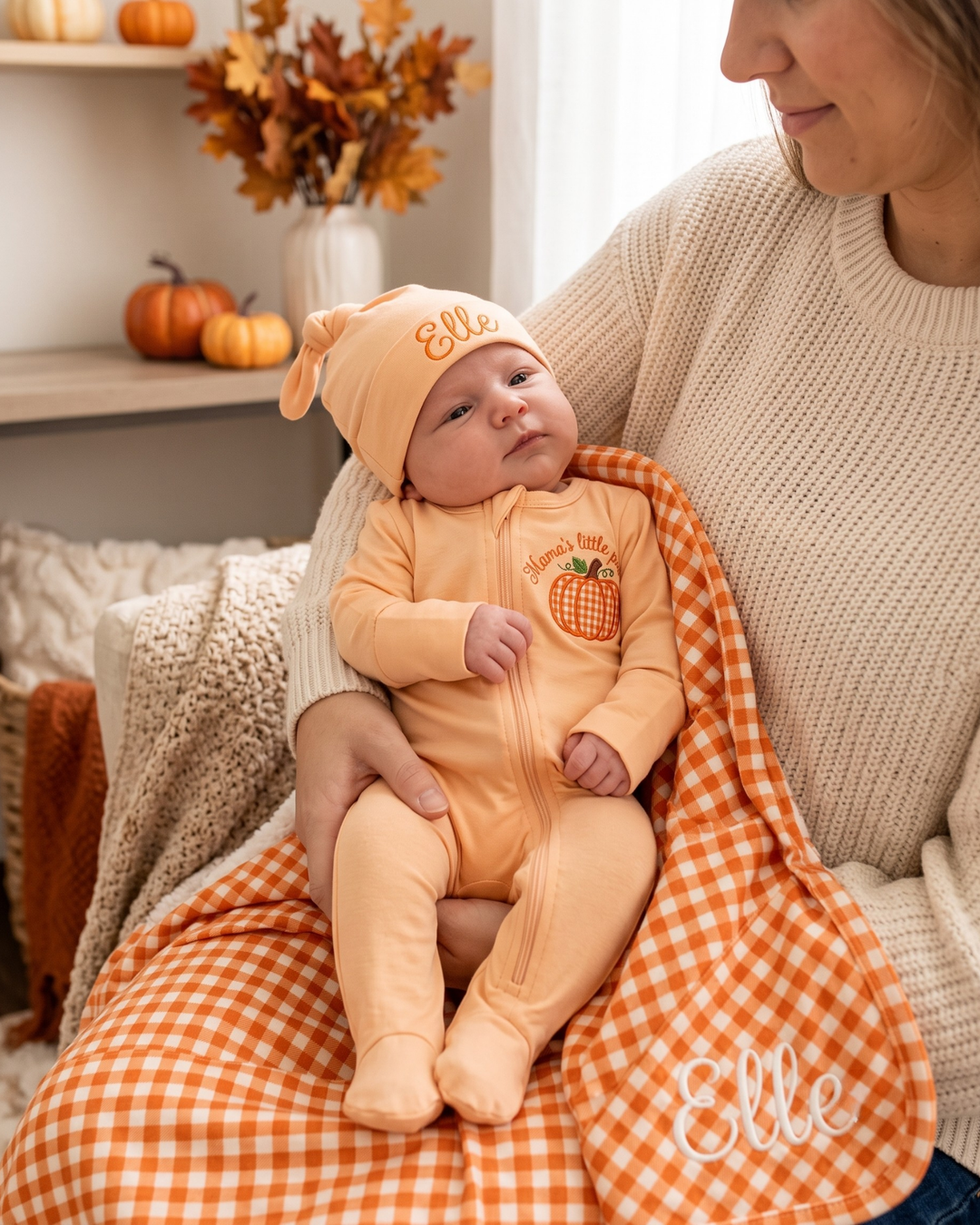 Personalized Pumpkin Gingham Appliqué Embroidered Bamboo Zipper Footie
