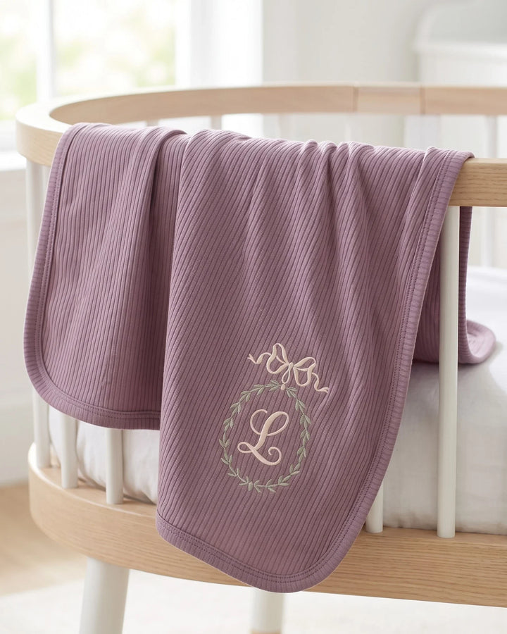 Custom Name Bow Wreath Embroidered Ribbed Bamboo Blanket