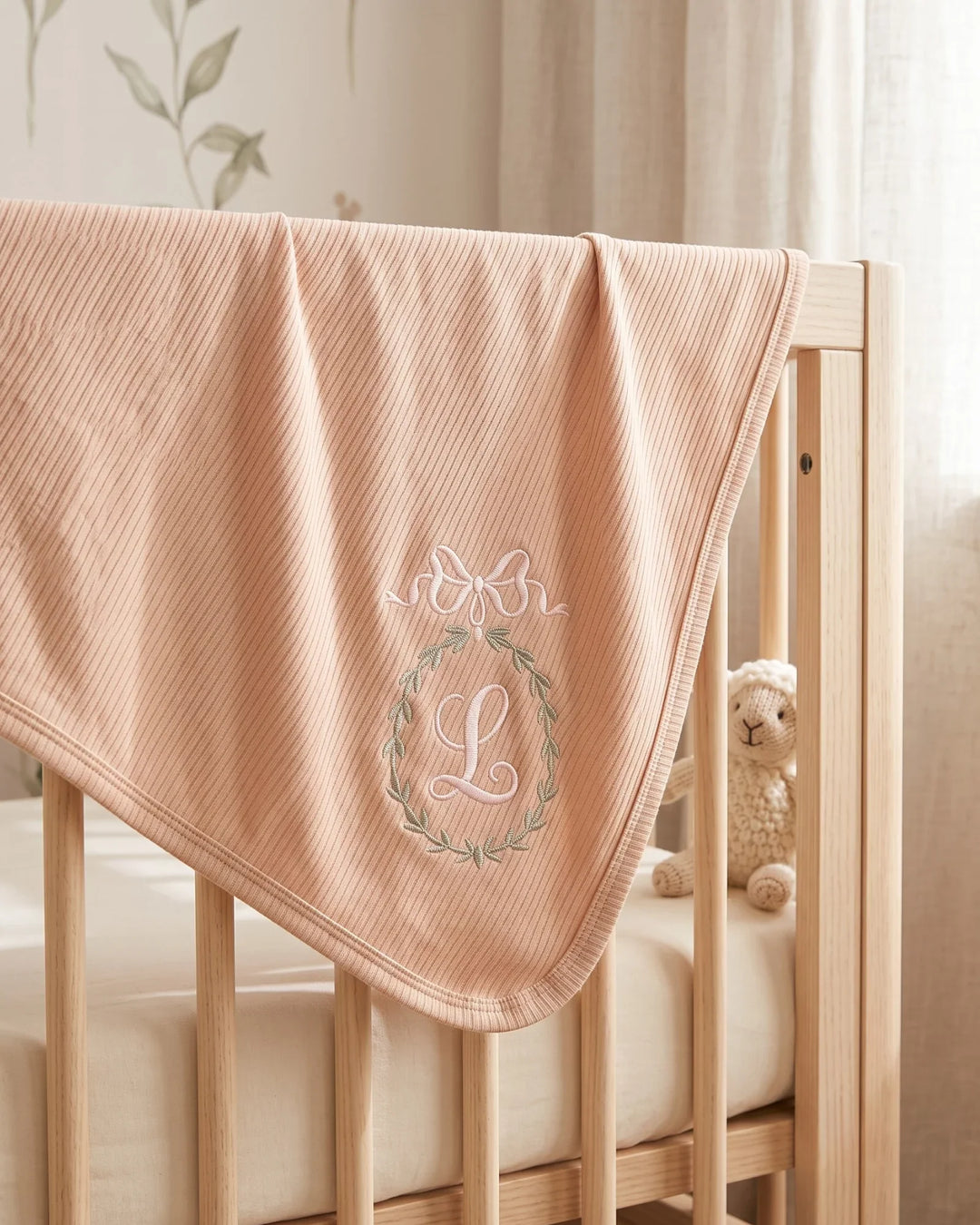 Custom Name Bow Wreath Embroidered Ribbed Bamboo Blanket