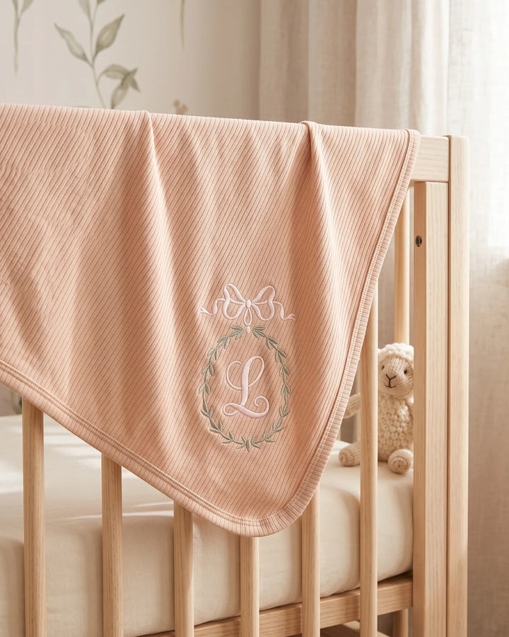 Custom Name Bow Wreath Embroidered Ribbed Bamboo Blanket